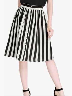 Allegra K Black White Striped Button Front Midi Skirt Size M